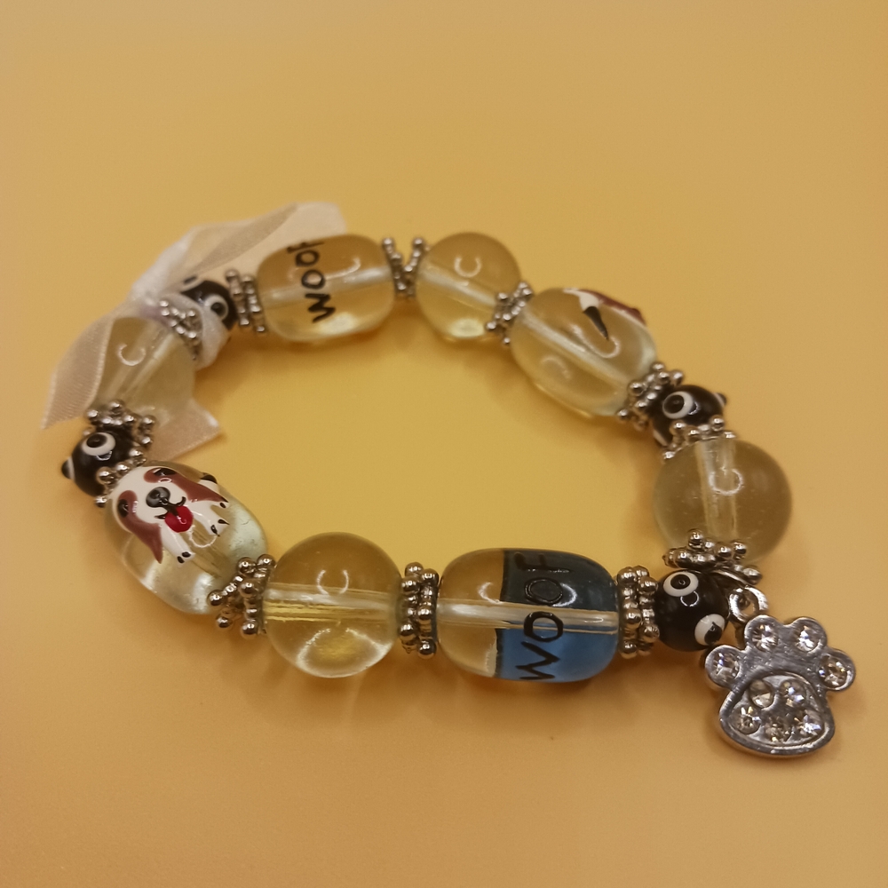 Dog-Themed Woof Beads Bracelet with Silver Paw Charm